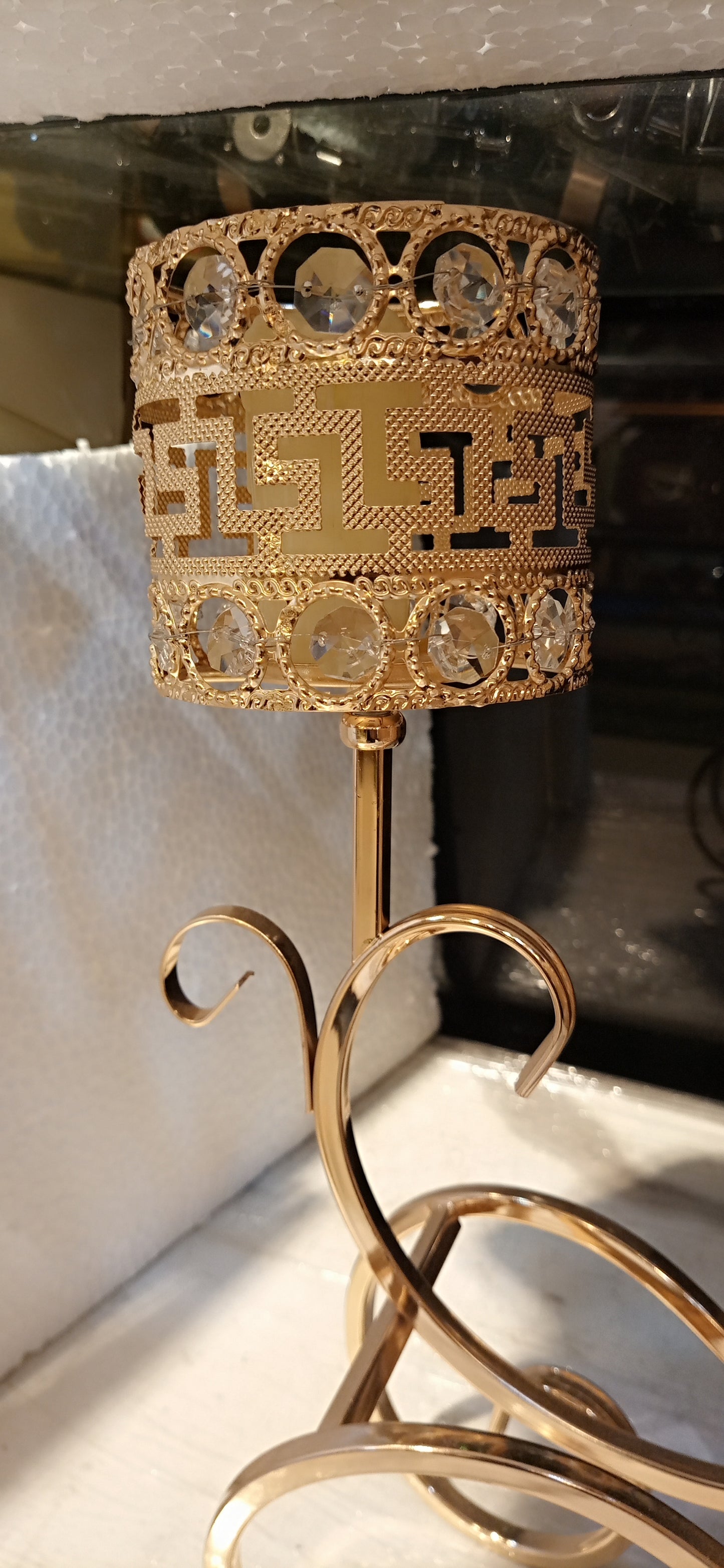 Elegant Metal Candle Stand with Versace-Style Grill Design, Beaded Accents – 15” Height, 16” Length