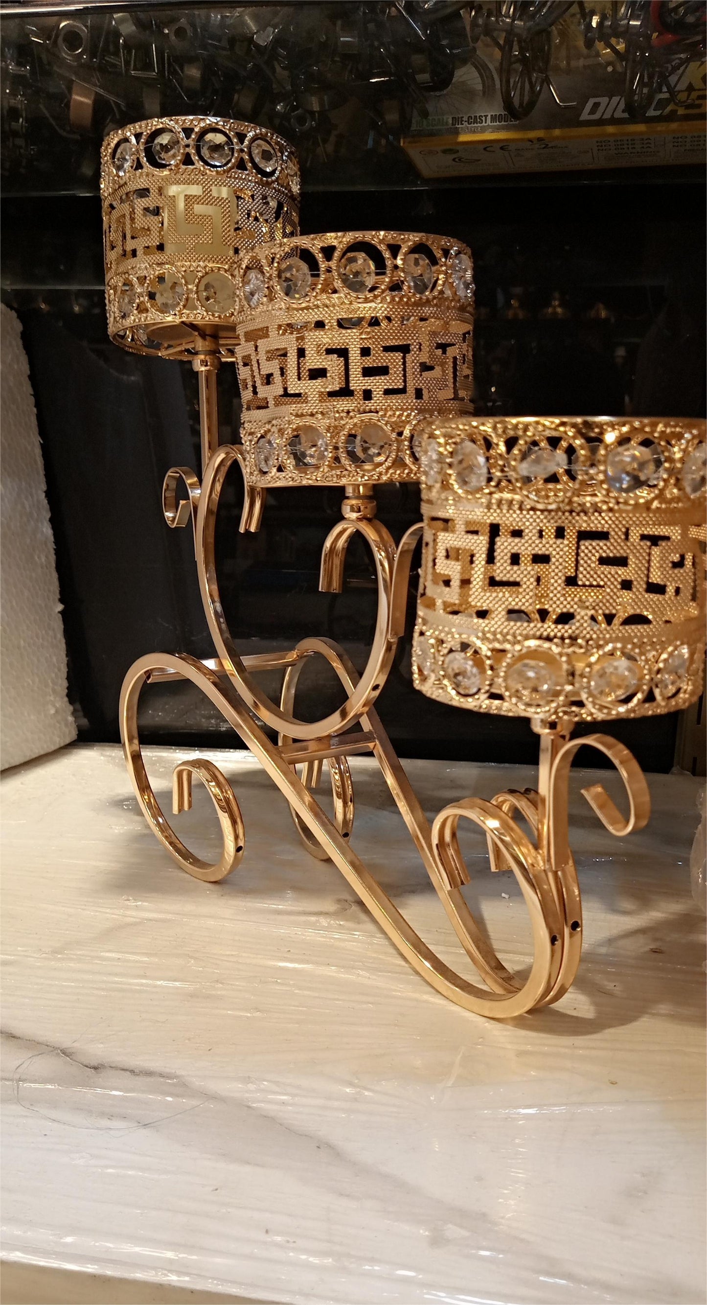 Elegant Metal Candle Stand with Versace-Style Grill Design, Beaded Accents – 15” Height, 16” Length