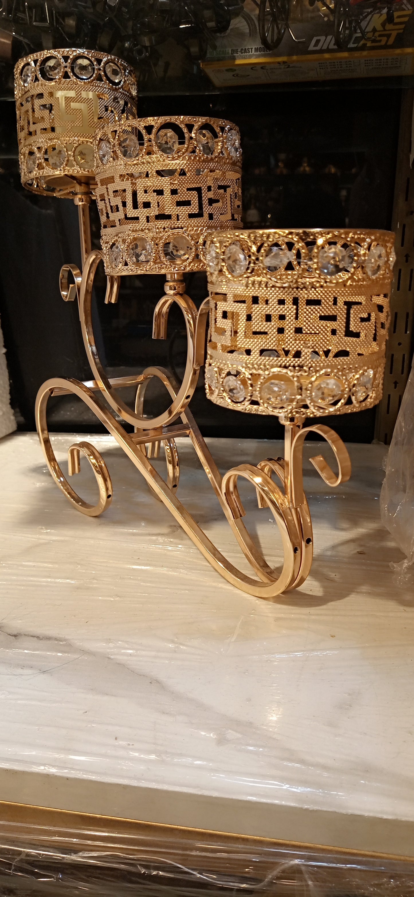 Elegant Metal Candle Stand with Versace-Style Grill Design, Beaded Accents – 15” Height, 16” Length