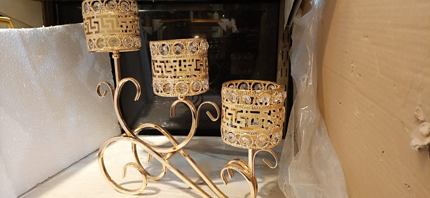 Elegant Metal Candle Stand with Versace-Style Grill Design, Beaded Accents – 15” Height, 16” Length