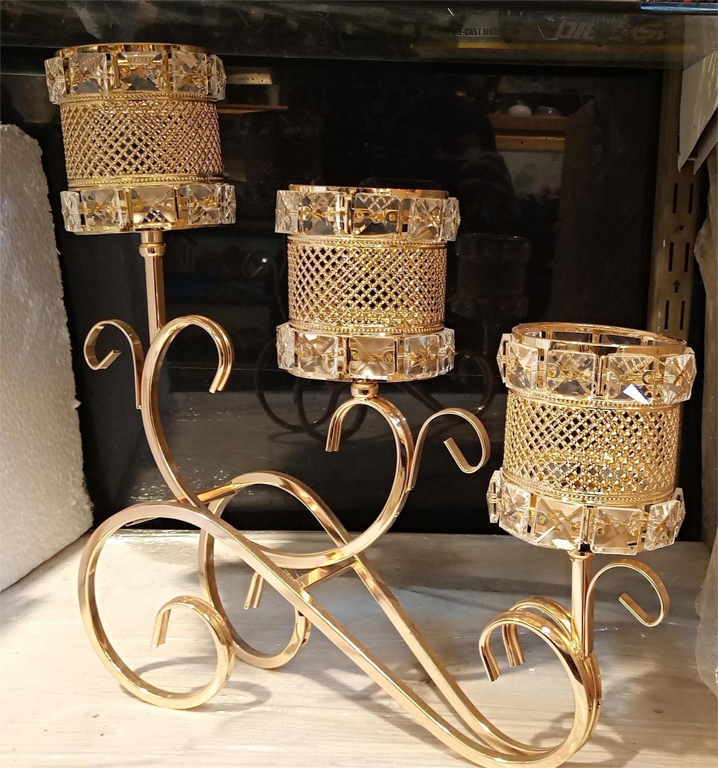 Elegant 3-Piece Metal Candle Stand with Fixed Candle Holders, 15 Inches Height, 16 Inches Length