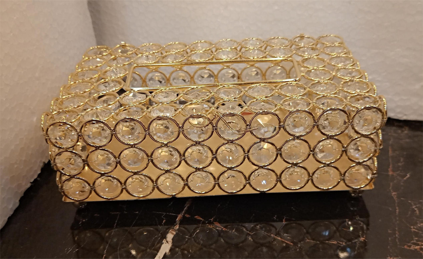 Elegant Gold Metal Tissue Box with Beaded Detailing